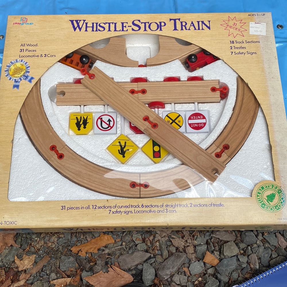 NWT & Vintage 1980s Play Group Whistle-Stop Train, all wood